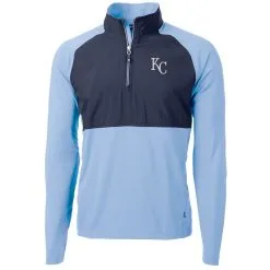 Men's Kansas City Royals Cutter & Buck Light Blue/Navy Adapt Eco Knit Hybrid Recycled Quarter-Zip Pullover Jacket