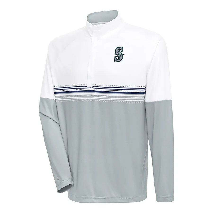 Men's Seattle Mariners Antigua White/Navy Bender Quarter-Zip Pullover Top