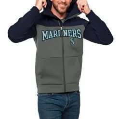 Men's Seattle Mariners Antigua Navy/Steel Wordmark Protect Full-Zip Hoodie