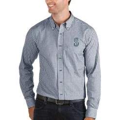 Men's Seattle Mariners Antigua Navy/White Structure Button-Down Long Sleeve Shirt